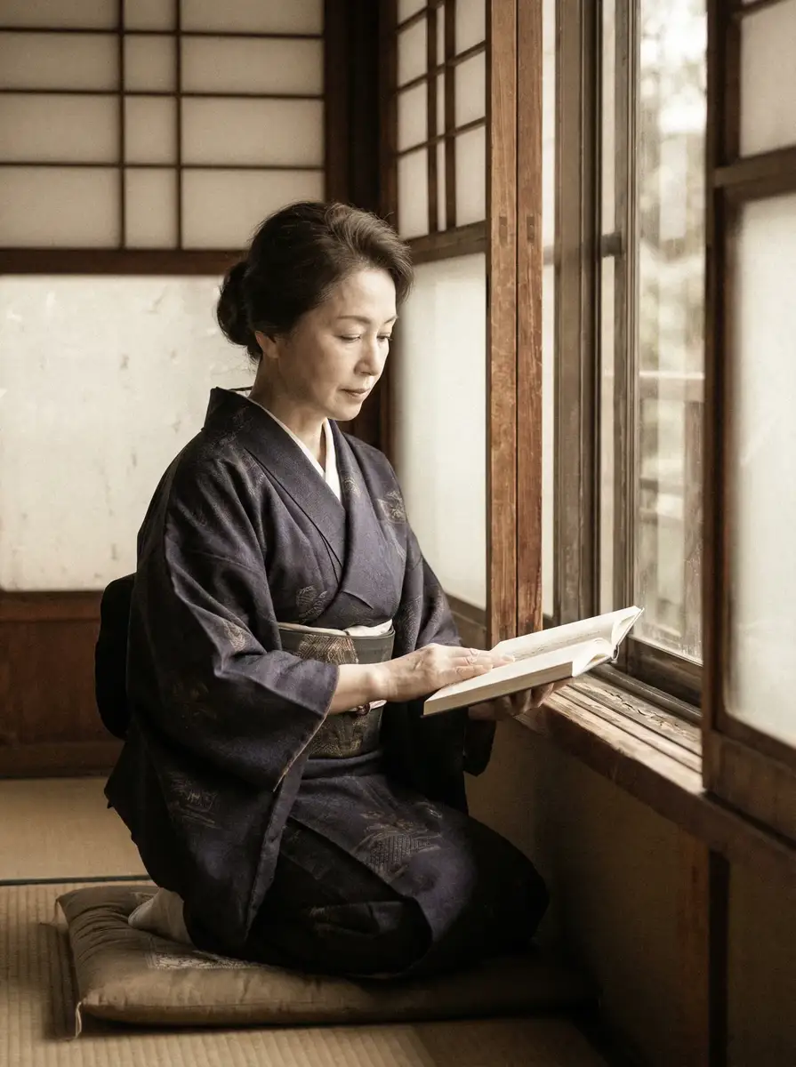 一位优雅的五十岁 yueme 身穿深蓝色和服，在窗边静读