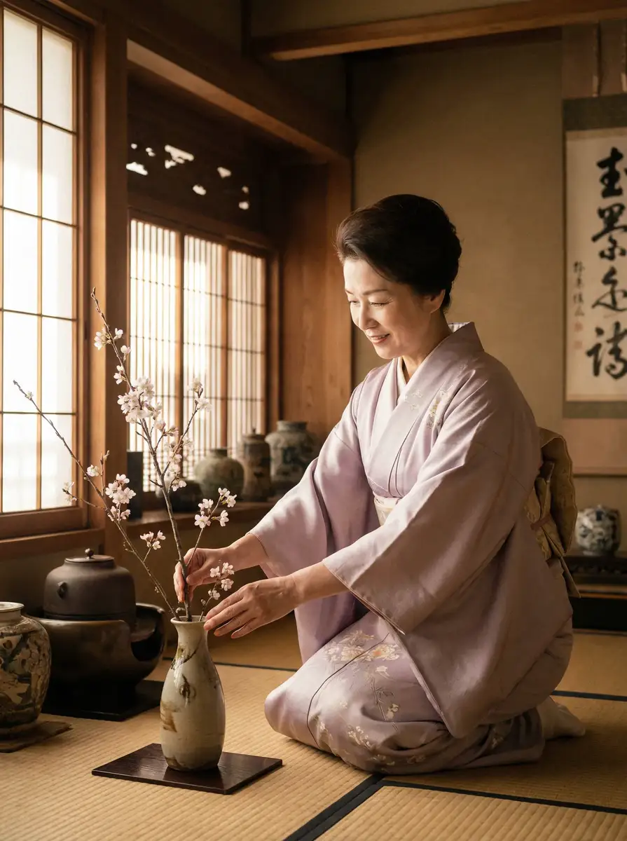 一位优雅的 yueme 在和室中插花